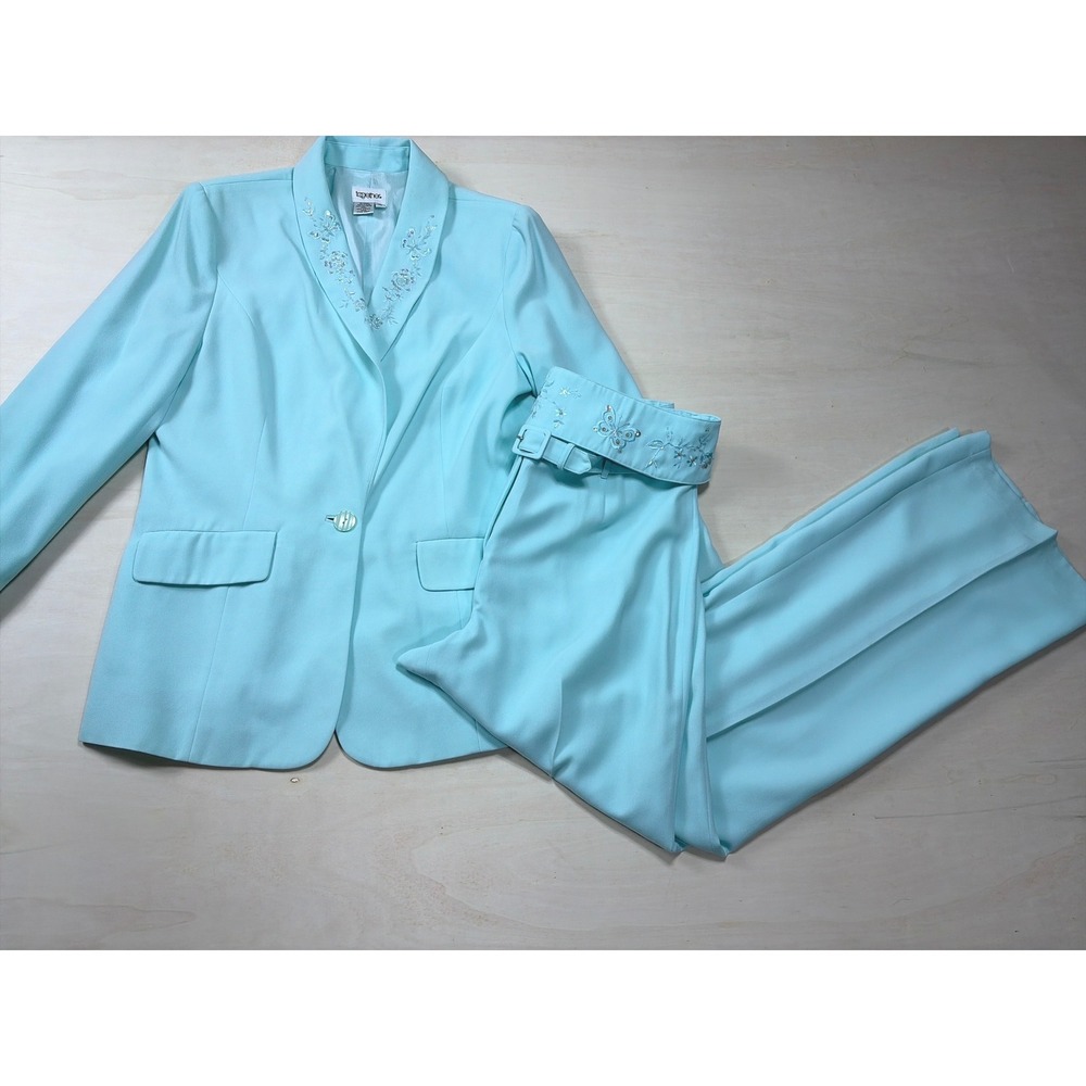 Together Light Blue Embroidered Sequin Pant Suit Set Size 10 Blazer Trousers